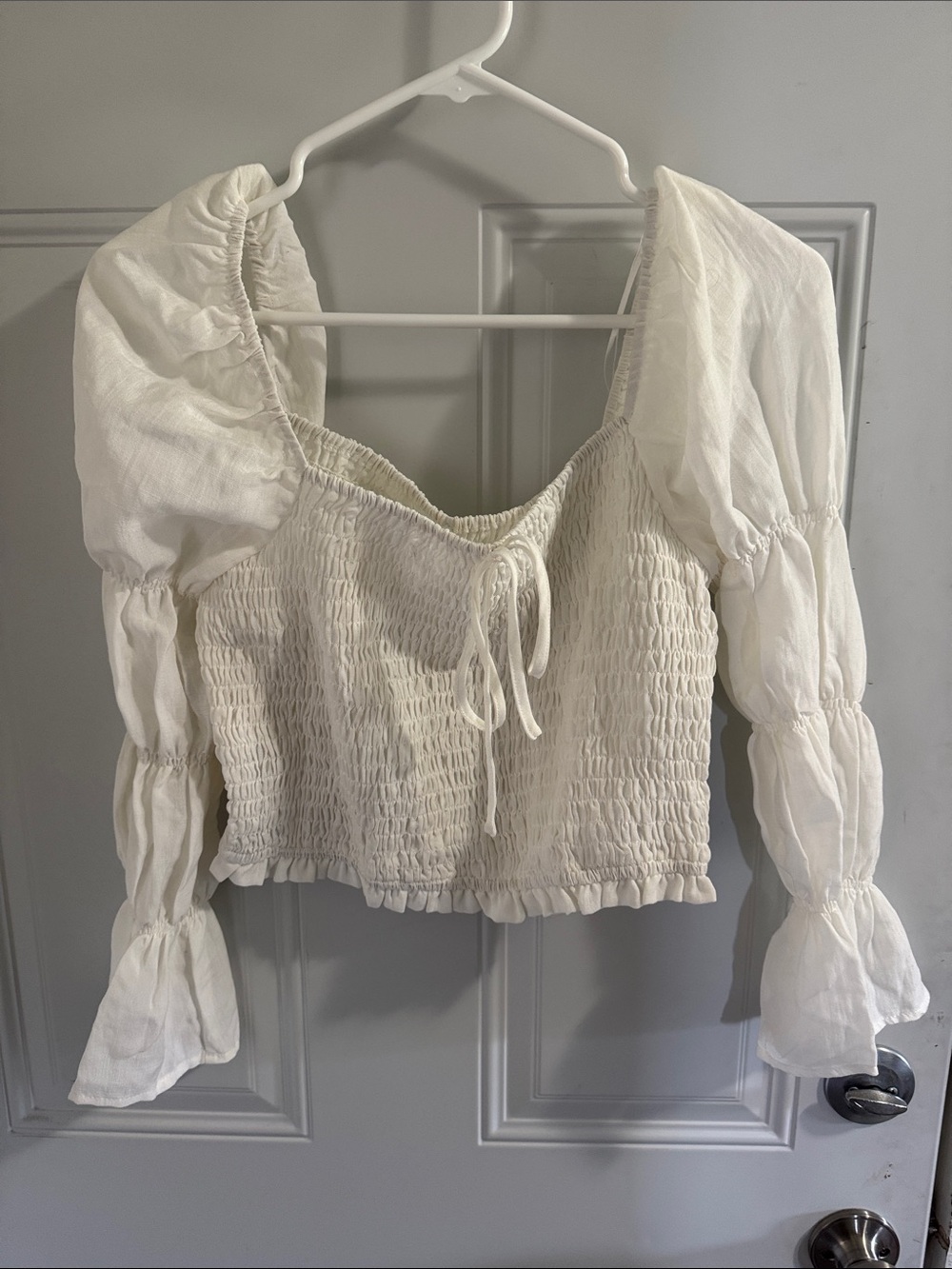 Smocked White Puff-Sleeve Tie-Front Long Sleeve Crop Top
